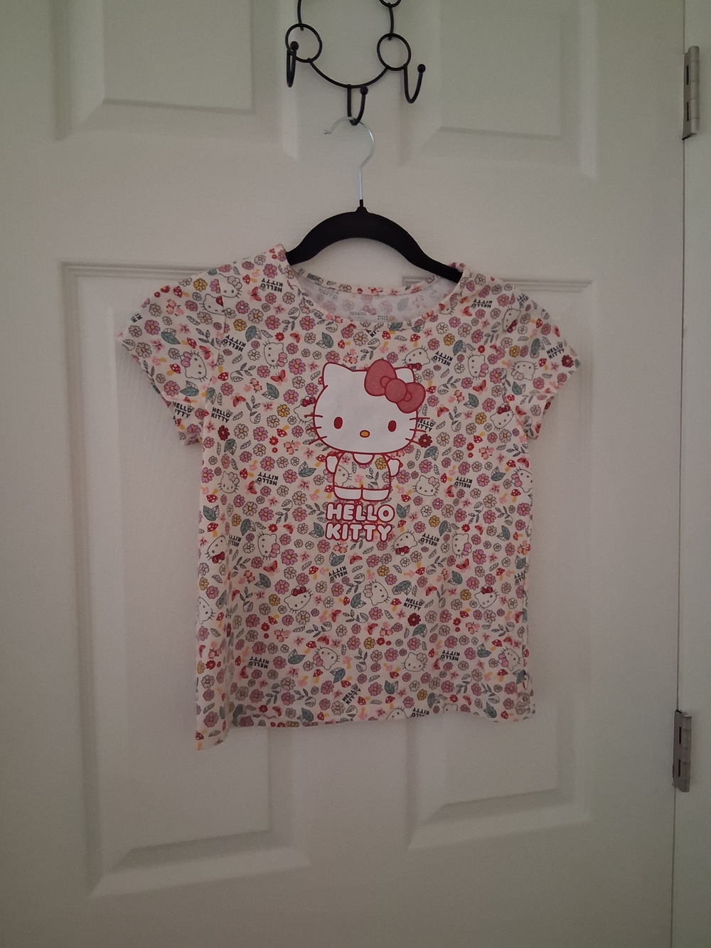Hello Kitty White Tee with Pink Bow and Multicolor Floral Pattern